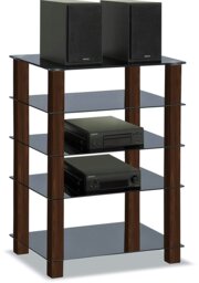 Rackhams TRINITY Gloss Black 5 Shelf with Walnut Legs Flat Screen TV Rack Glass Stand - thumbnail 1