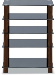 Rackhams TRINITY Gloss Black 5 Shelf with Walnut Legs Flat Screen TV Rack Glass Stand - thumbnail 5
