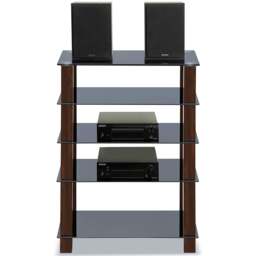 Rackhams TRINITY Gloss Black 5 Shelf with Walnut Legs Flat Screen TV Rack Glass Stand - thumbnail 2