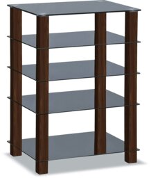 Rackhams TRINITY Gloss Black 5 Shelf with Walnut Legs Flat Screen TV Rack Glass Stand - thumbnail 4