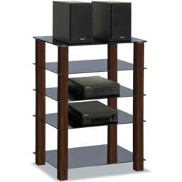 Rackhams TRINITY Gloss Black 5 Shelf with Walnut Legs Flat Screen TV Rack Glass Stand