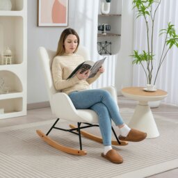 Rackhams Upholstered Velvet Rocking Chair with Solid Wood Legs, Cream - Cream - Rocking Chair - 65W x 70D x 96H cm - thumbnail 1