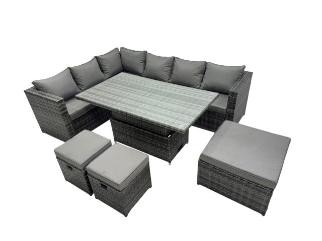 Rackhams 9 seater Height Adjustable Rising Lifting Table Corner Sofa Set Rattan Garden Furniture Dining Set with 3 Stools Dark Grey Mixed - image 1