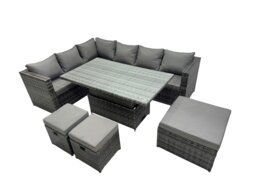 Rackhams 9 seater Height Adjustable Rising Lifting Table Corner Sofa Set Rattan Garden Furniture Dining Set with 3 Stools Dark Grey Mixed - thumbnail 1