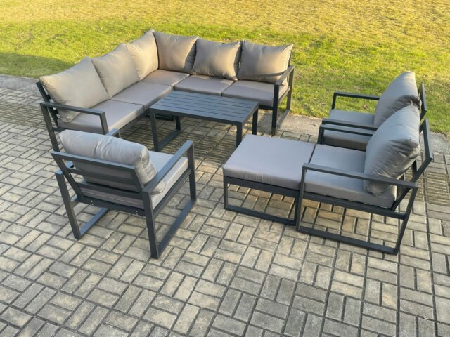 Rackhams 9 Seater Aluminium Outdoor Garden Furniture Set Patio Lounge Sofa with Oblong Coffee Table Chair Big Footstool Dark Grey