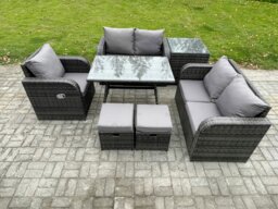 Rackhams 7 Pieces Outdoor Garden Dining Sets Rattan Furniture With Dining Table Armchairs Love Sofa Side Table 2 Small Footstools Dark Grey Mixed - thumbnail 2