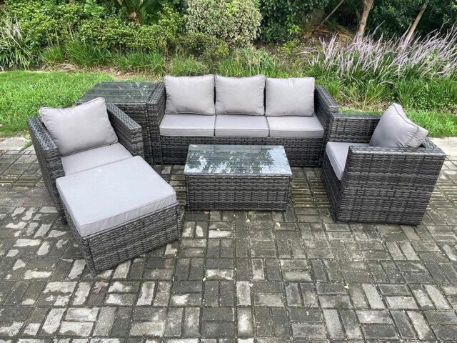 Rackhams Rattan Garden Lounge Set - Dark Grey Mixed Indoor/Outdoor Patio Sofa with 3-Seater Sofa, Coffee Table & 2 Armchairs - image 1