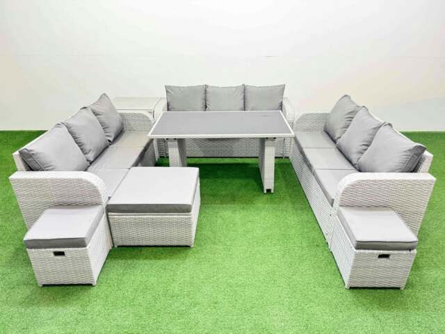 Rackhams Patio Garden Furniture Sets with Black Glass Top Dining Table 3 Seater Sofa Side Table 3 Stool Light Grey - image 1