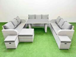 Rackhams Patio Garden Furniture Sets with Black Glass Top Dining Table 3 Seater Sofa Side Table 3 Stool Light Grey - thumbnail 1