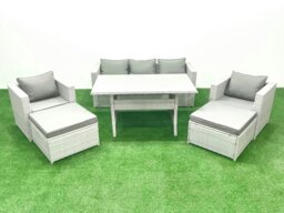 Rackhams Garden Dining Set Outdoor Rattan Furniture Set with Sofa Dining Table 2 Chairs 2 Big Footstools Light Grey Mixed - thumbnail 1