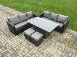 Rackhams 8 Seater Outdoor Rattan Garden Furniture Sets Height Adjustable Rising lifting Dining Table Sofa Set with 2 Small Footstools Dark Grey Mixed - thumbnail 1