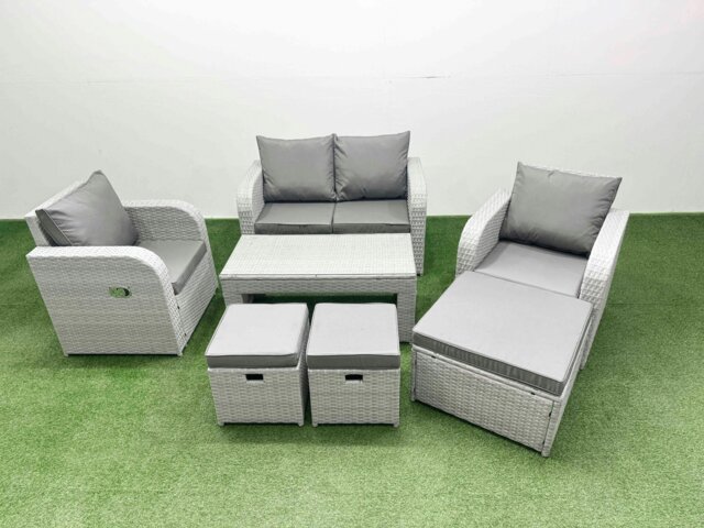 Rackhams Light Grey PE Wicker Rattan Garden Furniture Set Sofa Set Reclining Adjustable Chair Oblong Coffee Table 7 Seater 3  Stools - image 1