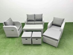 Rackhams Light Grey PE Wicker Rattan Garden Furniture Set Sofa Set Reclining Adjustable Chair Oblong Coffee Table 7 Seater 3  Stools - thumbnail 1