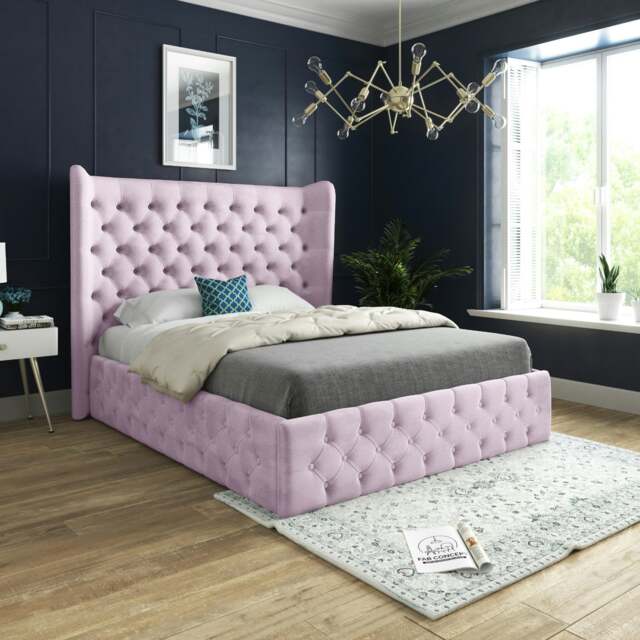 Rackhams Florence Wide Winged Upholstered Soft Velvet Bed Frame - Pink - Pink - Single - image 1