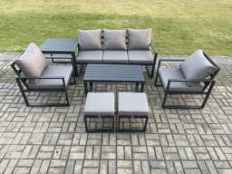 Rackhams Aluminium Patio Outdoor Furniture Set 7 Seater Garden Sofa with Oblong Coffee Table 2 Small Footstools 2 Armchairs Side Table Dark Grey - thumbnail 2