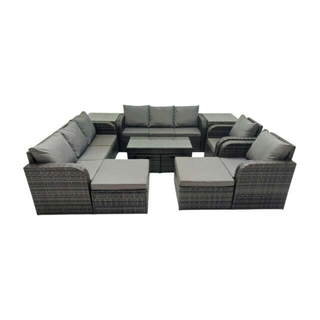 Rackhams Rattan Garden Outdoor Furniture Set 3 Seater Sofa Reclining Chair Coffee Table with 4 Footstools 2 Side Tables Dark Grey Mixed - image 1