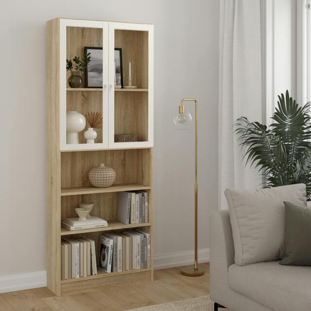 "Rackhams Basic Tall Wide Display Cabinet in Oak (4 Shelves) with 2 Glass White Doors - Manufactured Wood - 1 - Oak & White " - image 1