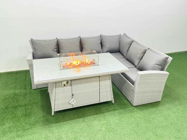Rackhams 6 Seat Rattan Garden Furniture Corner Sofa Set Outdoor Gas Fire Pit Table Set Light Grey - image 1