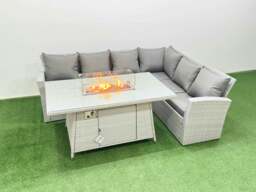 Rackhams 6 Seat Rattan Garden Furniture Corner Sofa Set Outdoor Gas Fire Pit Table Set Light Grey - thumbnail 1