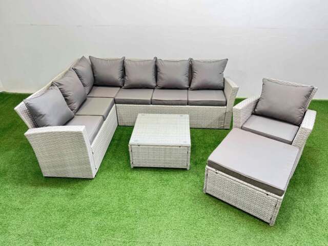 Rackhams Outdoor Rattan Garden Furniture Set 8 Seater Corner Sofa Sets with Square Coffee Table Chair Big Footstool Light Grey Mixed - image 1