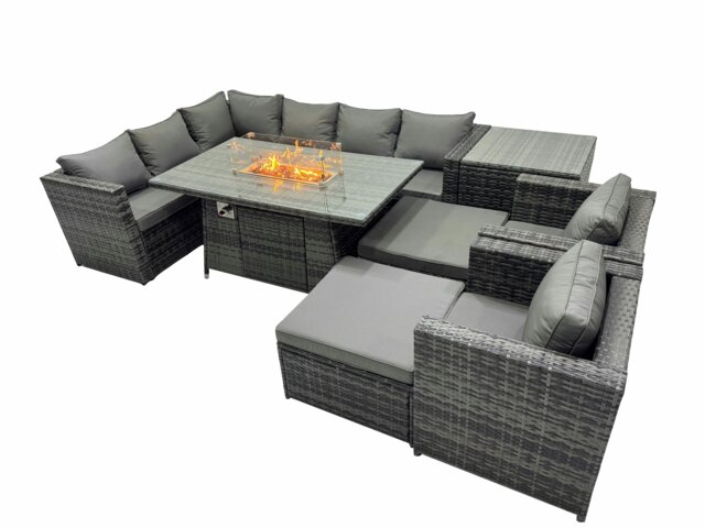 Rackhams Rattan Garden Furniture Dining Set 10 seater Gas Fire Pit Dining Table Corner Sofa Set with 2 Big Stools Side Table Dark Grey Mixed - image 1