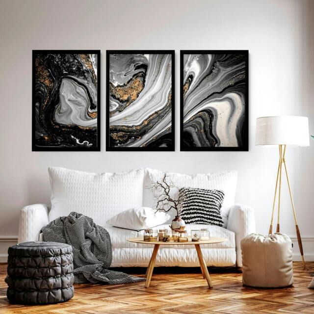 Rackhams Abstract large wall art - set of 3 Black and Gold wall art prints - A4 8.27 x 11.69 in / 21 x 29.7 cm - Satin Photo paper 280 gsm - Oak Frame - image 1