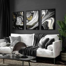 Rackhams Abstract large wall art - set of 3 Black and Gold wall art prints - A4 8.27 x 11.69 in / 21 x 29.7 cm - Satin Photo paper 280 gsm - Oak Frame - thumbnail 6