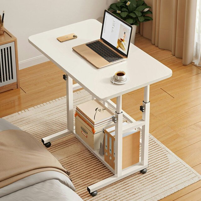 Rackhams 2-tier Height Adjustable Mobile Table Overbed Desk with Shelves Wheels - White - image 1
