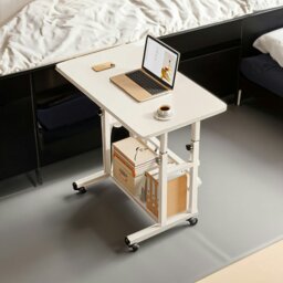 Rackhams 2-tier Height Adjustable Mobile Table Overbed Desk with Shelves Wheels - White - thumbnail 5