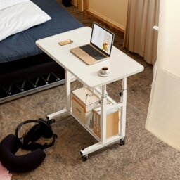 Rackhams 2-tier Height Adjustable Mobile Table Overbed Desk with Shelves Wheels - White - thumbnail 4