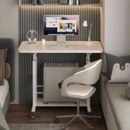 Rackhams 2-tier Height Adjustable Mobile Table Overbed Desk with Shelves Wheels - White - thumbnail 3