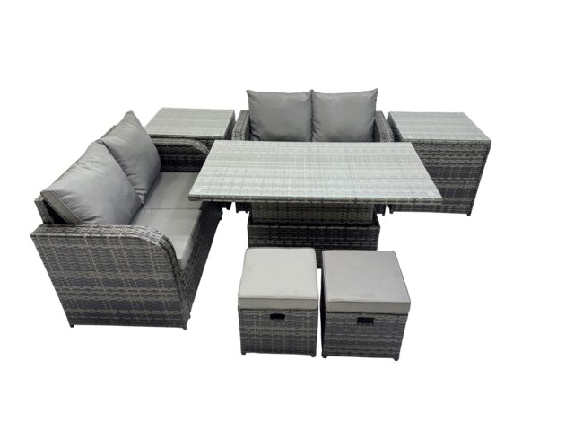 Rackhams 6 seater Patio Height Adjustable Rising Lifting Table Sofa Sets Rattan Garden Furniture Dining Set with 2 Small Stools Dark Grey Mixed - image 1
