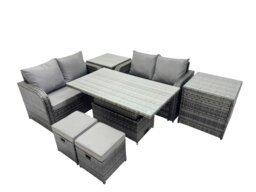 Rackhams 6 seater Patio Height Adjustable Rising Lifting Table Sofa Sets Rattan Garden Furniture Dining Set with 2 Small Stools Dark Grey Mixed - thumbnail 2