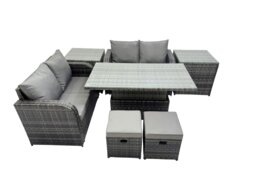 Rackhams 6 seater Patio Height Adjustable Rising Lifting Table Sofa Sets Rattan Garden Furniture Dining Set with 2 Small Stools Dark Grey Mixed - thumbnail 1