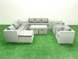 Rackhams Outdoor Garden Furniture Rattan Sofa Set with 2 Armchairs Oblong Coffee Table 3 Footstools 2 Side Tables Light Grey Mixed - thumbnail 2