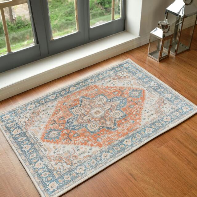 Rackhams Lillian-Washable Blue Brown Traditional Vintage Boho Rug - 66 x 115 cm - image 1