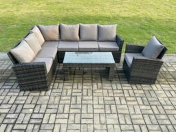 Rackhams 7 Seat Rattan Garden Furniture Corner Sofa Set Outdoor Patio Chair Sofa Table Set Dark Grey Mixed - thumbnail 2