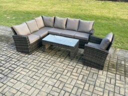 Rackhams 7 Seat Rattan Garden Furniture Corner Sofa Set Outdoor Patio Chair Sofa Table Set Dark Grey Mixed - thumbnail 1