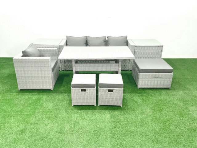 Rackhams Rattan Garden Furniture Dining Set 7 Seater Lounge Sofa Chair Dining Table Set with 3 Footstools 2 Side Tables Light Grey Mixed - image 1
