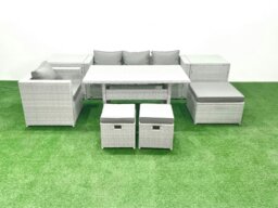 Rackhams Rattan Garden Furniture Dining Set 7 Seater Lounge Sofa Chair Dining Table Set with 3 Footstools 2 Side Tables Light Grey Mixed - thumbnail 1