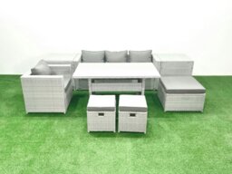 Rackhams Rattan Garden Furniture Dining Set 7 Seater Lounge Sofa Chair Dining Table Set with 3 Footstools 2 Side Tables Light Grey Mixed - thumbnail 2