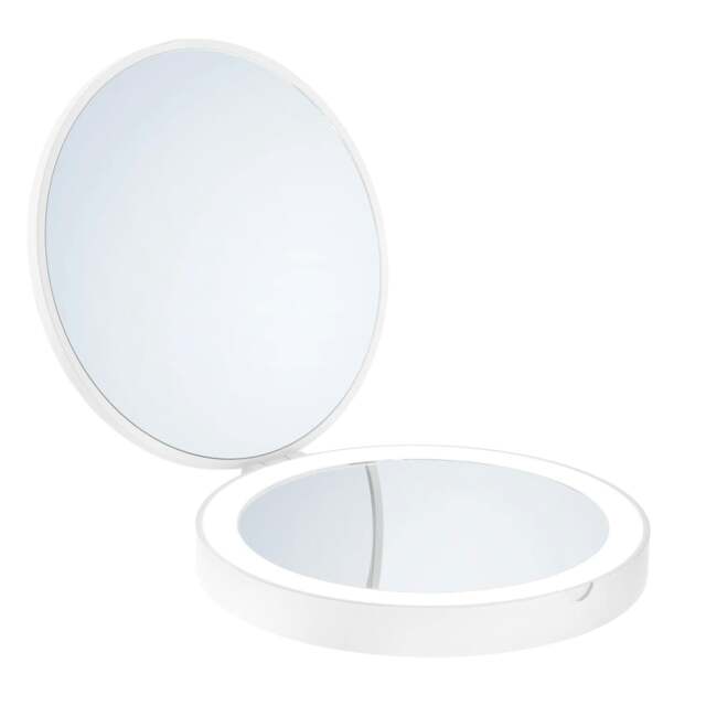 Rackhams Matt White Foldable Portable Travel LED Mirror (120mm) with 7x Magnification for Makeup Shaving or Grooming - image 1
