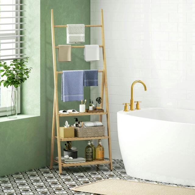 Rackhams 3-Tier Folding Bamboo Bathroom Storage Shelving Unit with Towel Bars - image 1