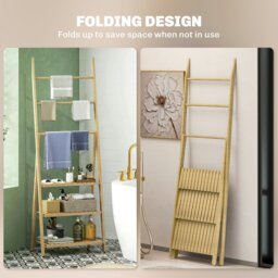 Rackhams 3-Tier Folding Bamboo Bathroom Storage Shelving Unit with Towel Bars - thumbnail 4