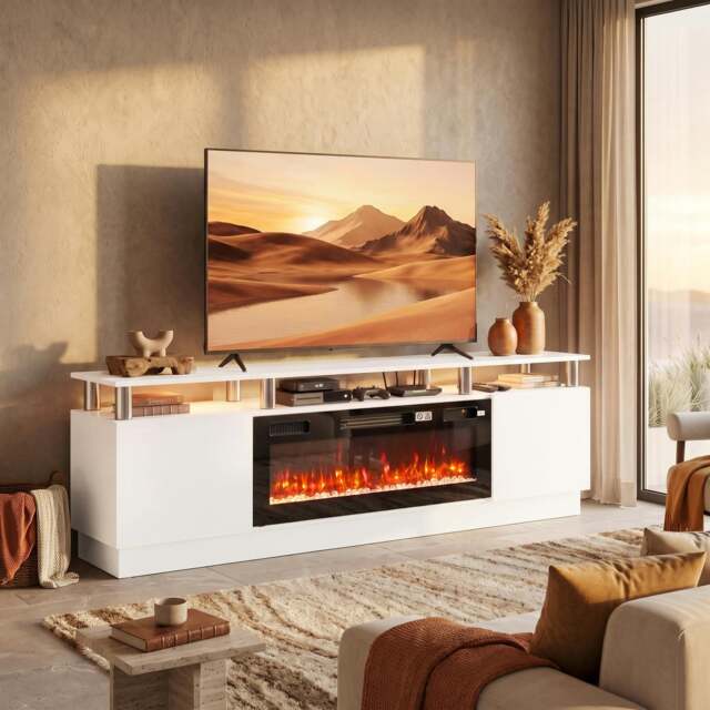 "Rackhams Electric Fireplace TV Stand for 80"" TVs, LED Strip, 900/1800W, White" - image 1