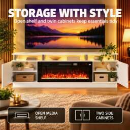 "Rackhams Electric Fireplace TV Stand for 80"" TVs, LED Strip, 900/1800W, White" - thumbnail 4
