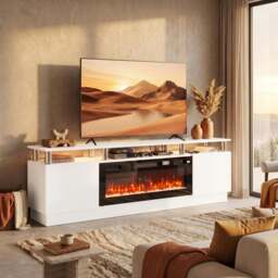 "Rackhams Electric Fireplace TV Stand for 80"" TVs, LED Strip, 900/1800W, White" - thumbnail 1