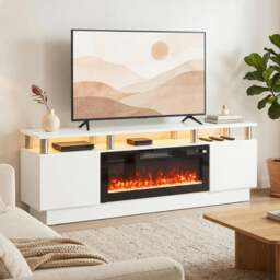 "Rackhams Electric Fireplace TV Stand for 80"" TVs, LED Strip, 900/1800W, White" - thumbnail 2