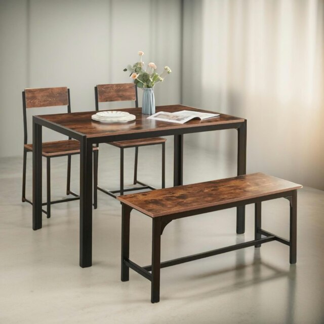 Rackhams Industrial Compact Dining Table Set With 1 Bench And 2 Chairs Rustic Brown - image 1