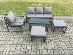 Rackhams Aluminium 5 Pieces Garden Furniture Sofa Set with Cushions 6 Seater Outdoor Patio Set with Armchair 2 Big Footstools Dark Grey - thumbnail 1